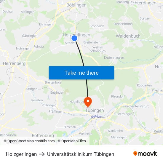 Holzgerlingen to Universitätsklinikum Tübingen map
