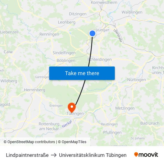 Lindpaintnerstraße to Universitätsklinikum Tübingen map