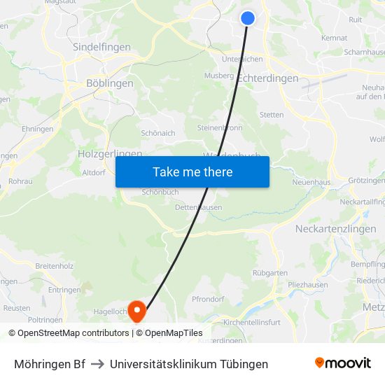 Möhringen Bf to Universitätsklinikum Tübingen map