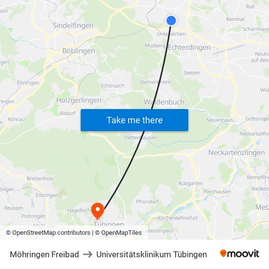 Möhringen Freibad to Universitätsklinikum Tübingen map