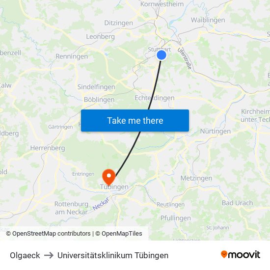 Olgaeck to Universitätsklinikum Tübingen map