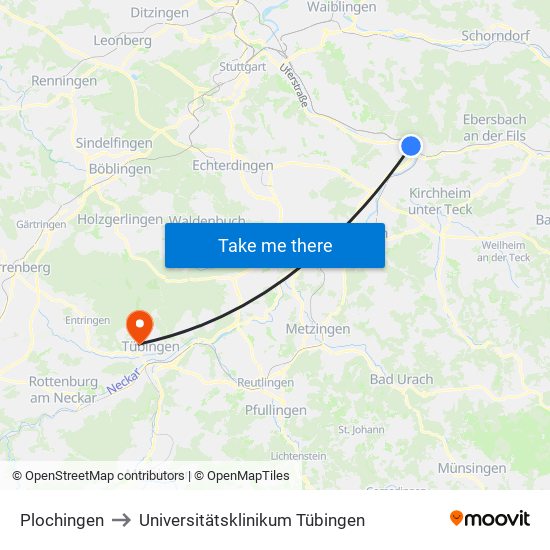 Plochingen to Universitätsklinikum Tübingen map