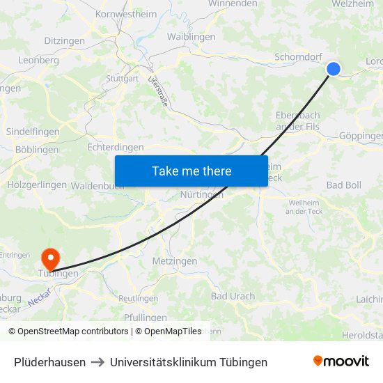 Plüderhausen to Universitätsklinikum Tübingen map