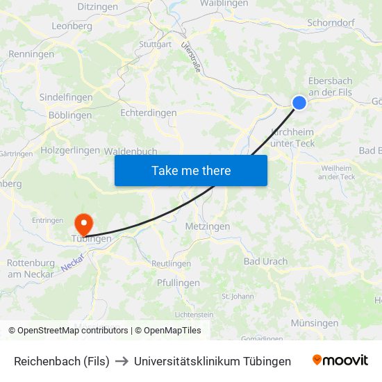 Reichenbach (Fils) to Universitätsklinikum Tübingen map