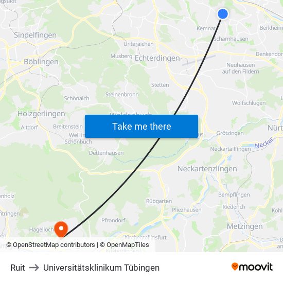 Ruit to Universitätsklinikum Tübingen map