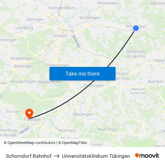 Schorndorf Bahnhof to Universitätsklinikum Tübingen map