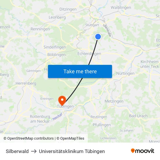 Silberwald to Universitätsklinikum Tübingen map