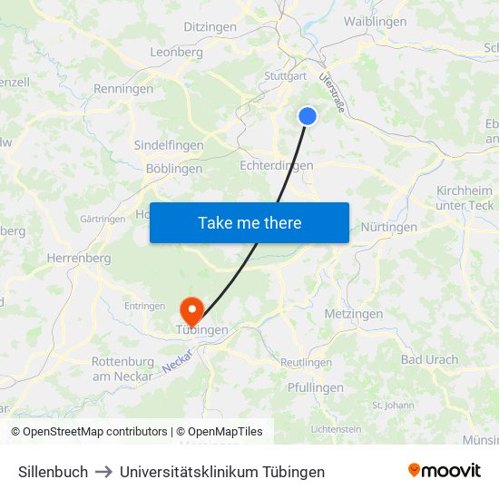 Sillenbuch to Universitätsklinikum Tübingen map