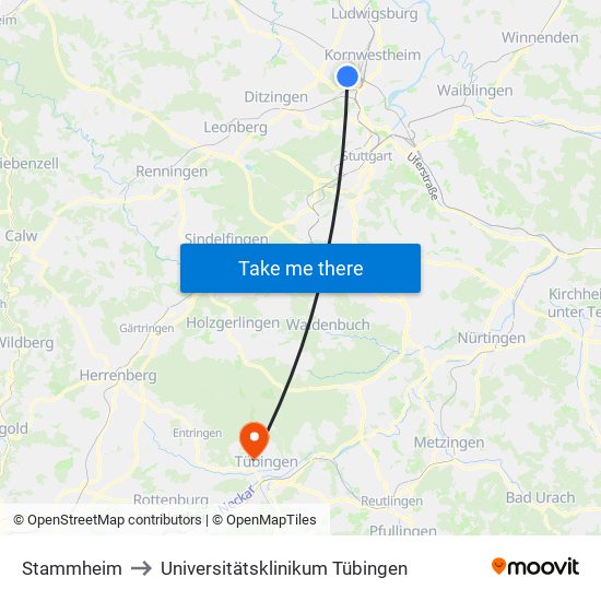 Stammheim to Universitätsklinikum Tübingen map