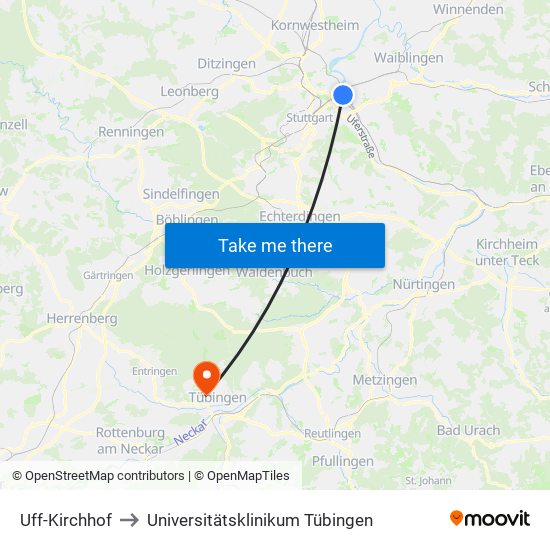 Uff-Kirchhof to Universitätsklinikum Tübingen map