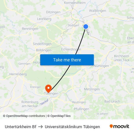 Untertürkheim Bf to Universitätsklinikum Tübingen map