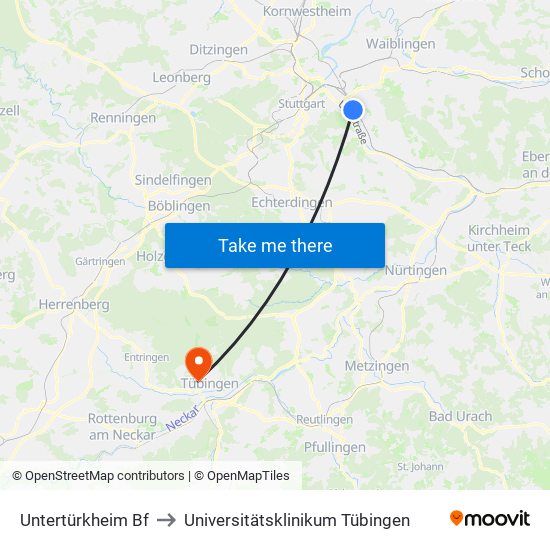 Untertürkheim Bf to Universitätsklinikum Tübingen map