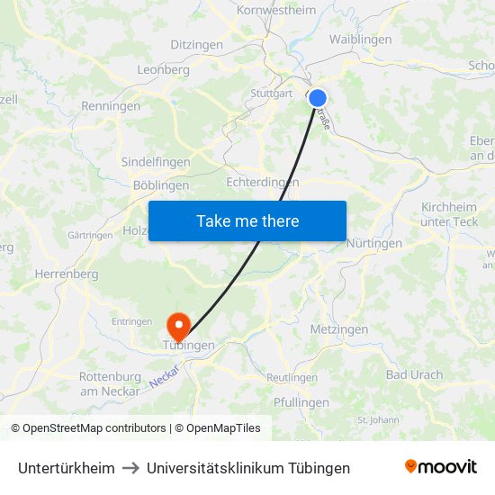 Untertürkheim to Universitätsklinikum Tübingen map