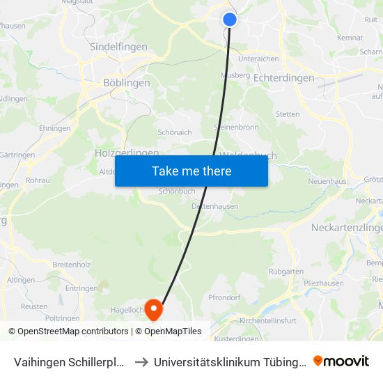 Vaihingen Schillerplatz to Universitätsklinikum Tübingen map