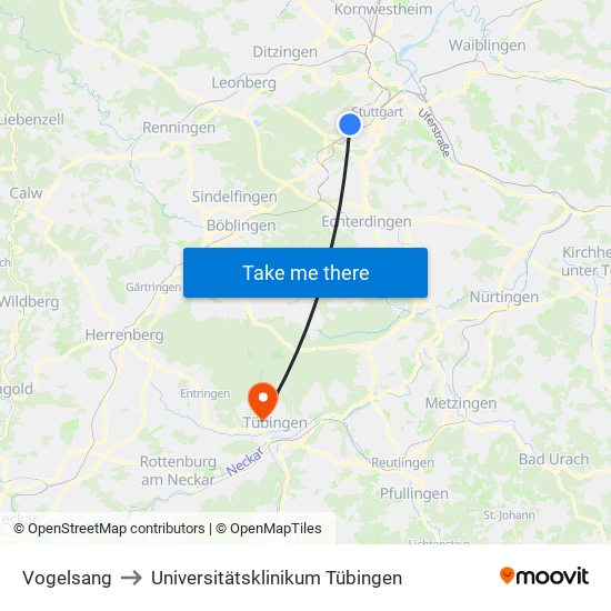 Vogelsang to Universitätsklinikum Tübingen map