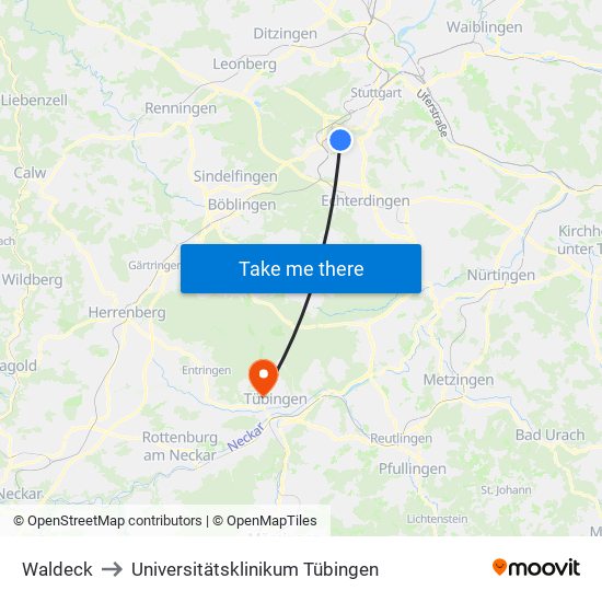 Waldeck to Universitätsklinikum Tübingen map