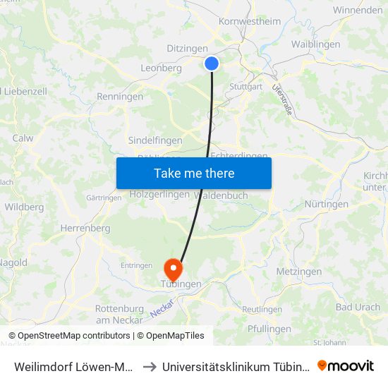 Weilimdorf Löwen-Markt to Universitätsklinikum Tübingen map