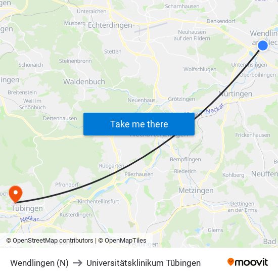 Wendlingen (N) to Universitätsklinikum Tübingen map