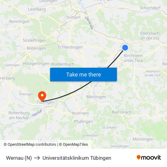 Wernau (N) to Universitätsklinikum Tübingen map
