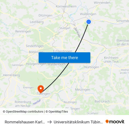 Rommelshausen Karlstr. to Universitätsklinikum Tübingen map