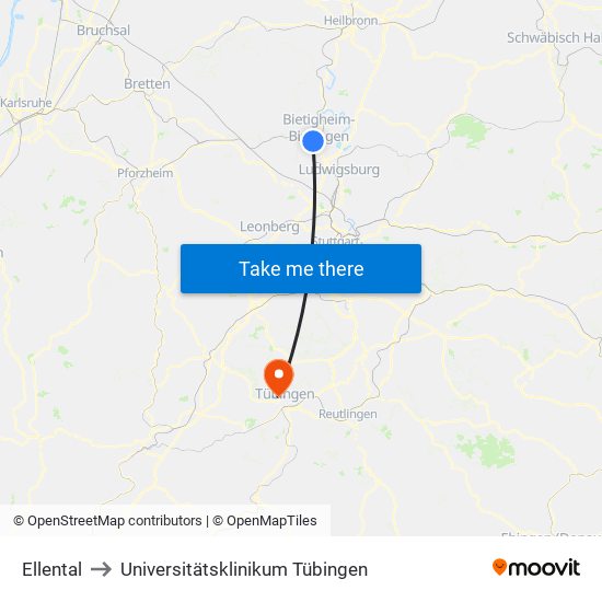 Ellental to Universitätsklinikum Tübingen map
