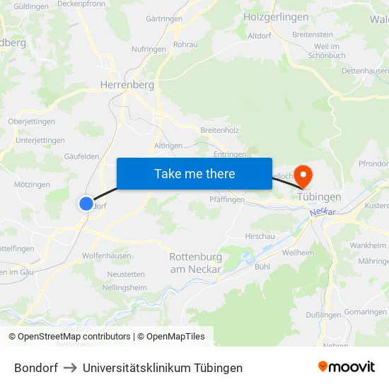 Bondorf to Universitätsklinikum Tübingen map