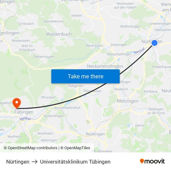 Nürtingen to Universitätsklinikum Tübingen map