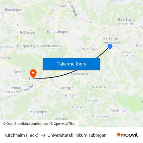 Kirchheim (Teck) to Universitätsklinikum Tübingen map