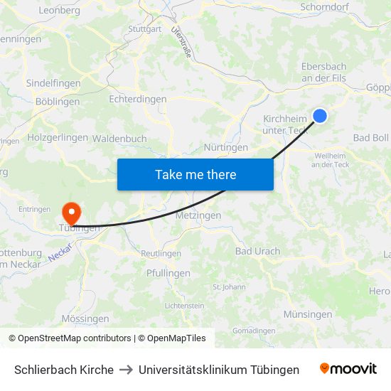 Schlierbach Kirche to Universitätsklinikum Tübingen map