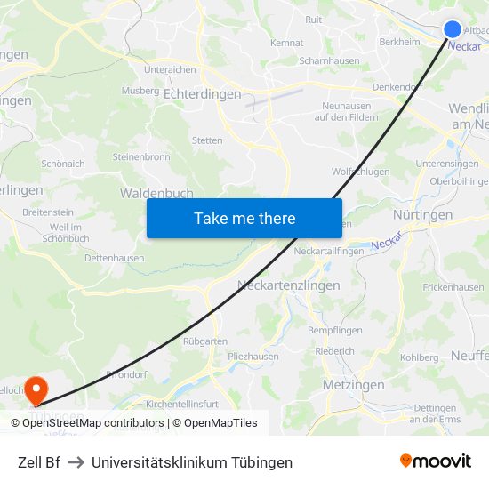 Zell Bf to Universitätsklinikum Tübingen map