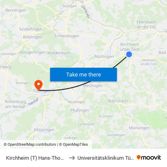 Kirchheim (T) Hans-Thoma-Weg to Universitätsklinikum Tübingen map