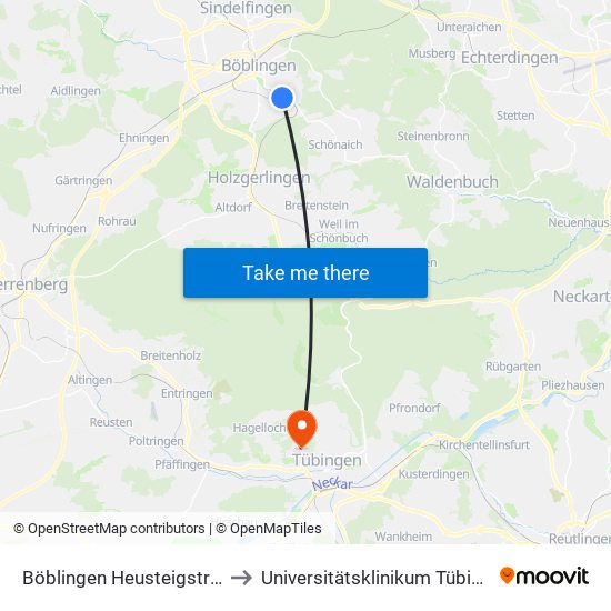 Böblingen Heusteigstraße to Universitätsklinikum Tübingen map