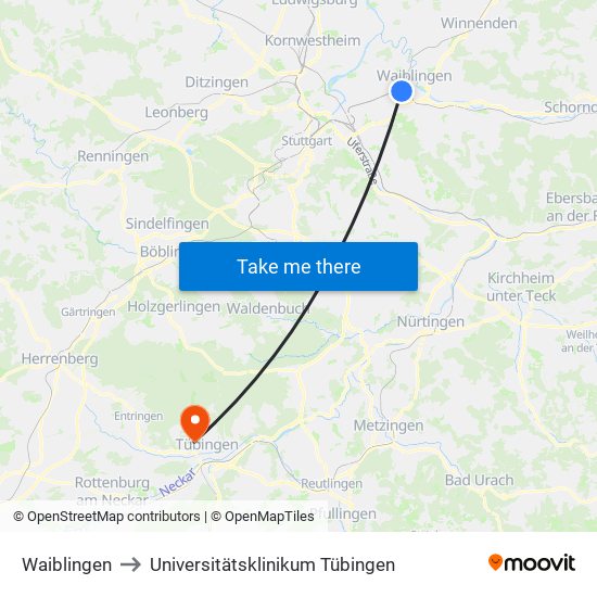 Waiblingen to Universitätsklinikum Tübingen map