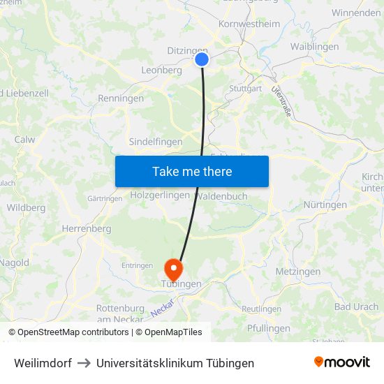 Weilimdorf to Universitätsklinikum Tübingen map