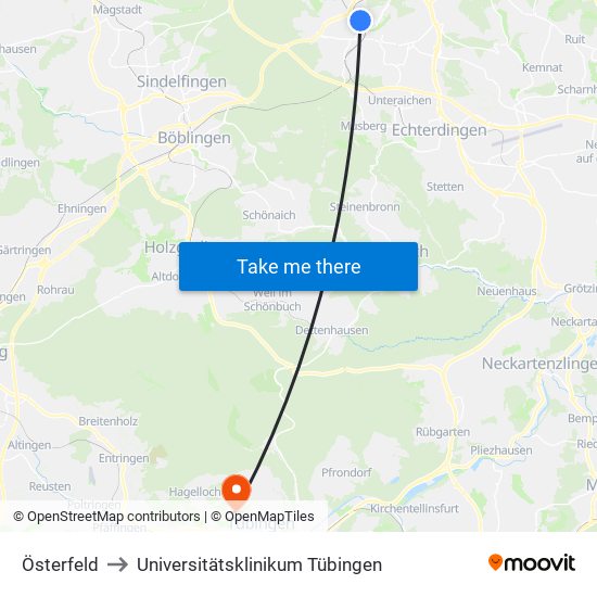 Österfeld to Universitätsklinikum Tübingen map