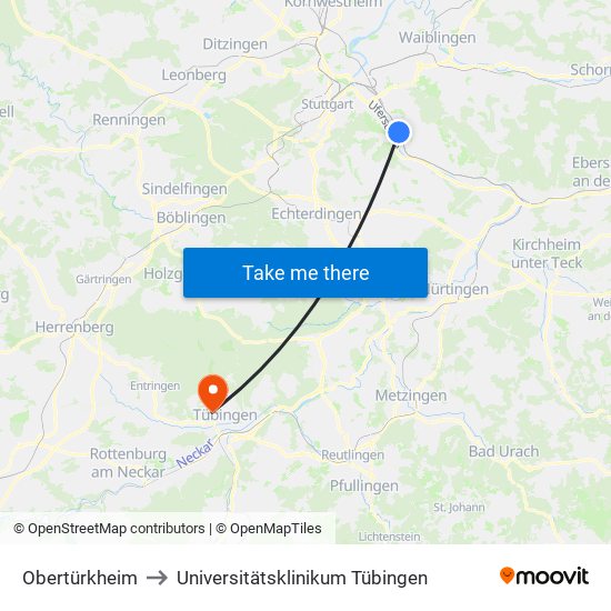 Obertürkheim to Universitätsklinikum Tübingen map