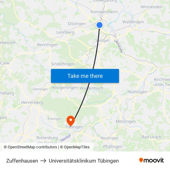 Zuffenhausen to Universitätsklinikum Tübingen map