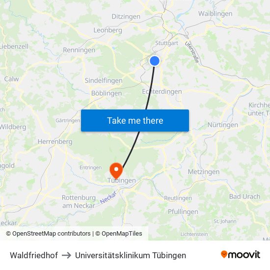 Waldfriedhof to Universitätsklinikum Tübingen map