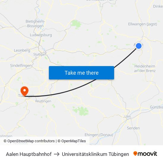 Aalen Hauptbahnhof to Universitätsklinikum Tübingen map