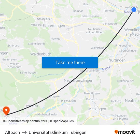 Altbach to Universitätsklinikum Tübingen map