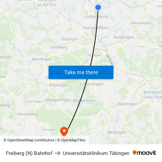 Freiberg (N) Bahnhof to Universitätsklinikum Tübingen map