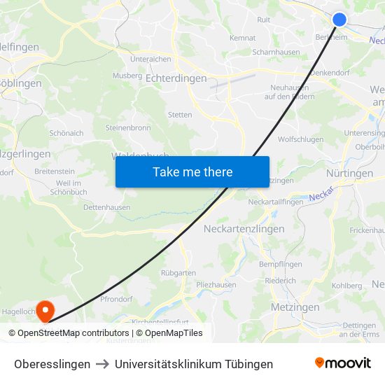 Oberesslingen to Universitätsklinikum Tübingen map