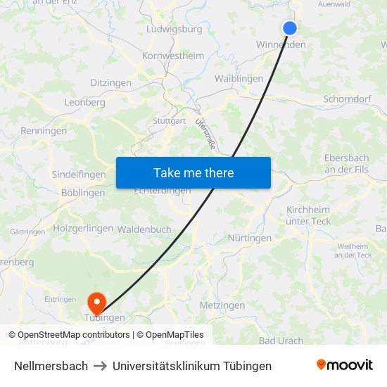 Nellmersbach to Universitätsklinikum Tübingen map