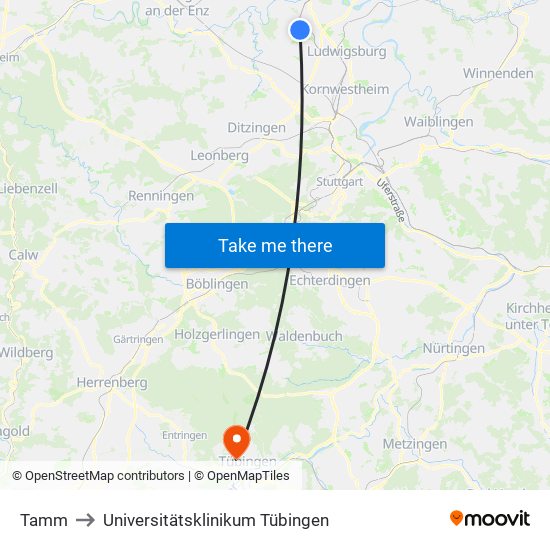Tamm to Universitätsklinikum Tübingen map