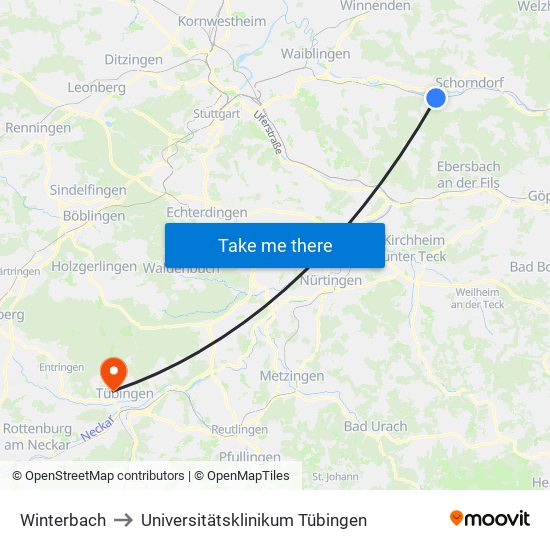 Winterbach to Universitätsklinikum Tübingen map