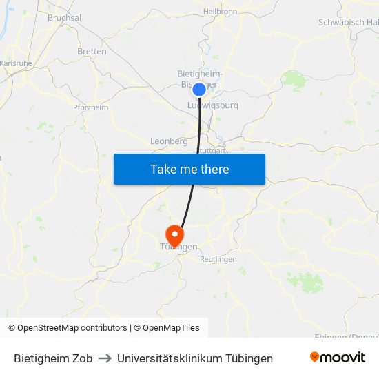 Bietigheim Zob to Universitätsklinikum Tübingen map