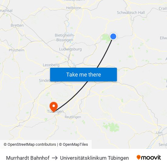 Murrhardt Bahnhof to Universitätsklinikum Tübingen map