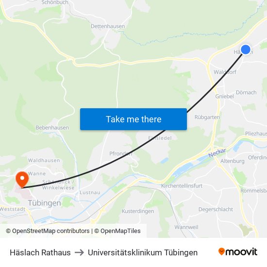 Häslach Rathaus to Universitätsklinikum Tübingen map