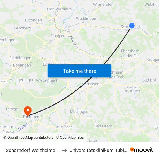 Schorndorf Welzheimer Str. to Universitätsklinikum Tübingen map