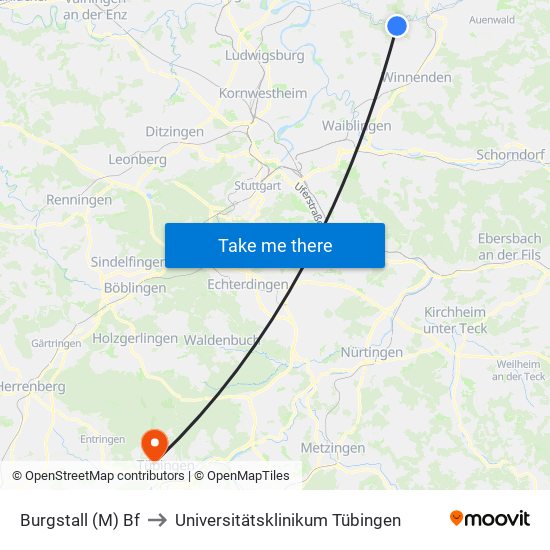 Burgstall (M) Bf to Universitätsklinikum Tübingen map